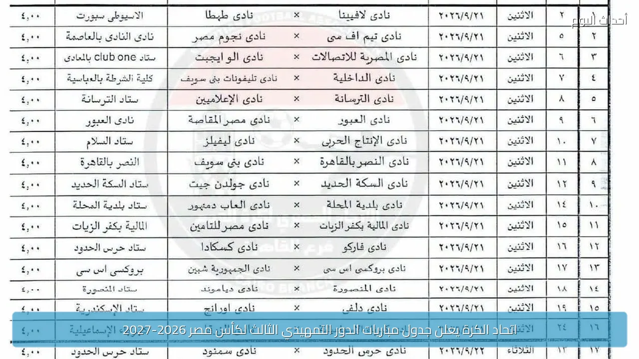 اتحاد الكرة يعلن جدول مباريات الدور التمهيدي الثالث لكأس مصر 2026-2027
