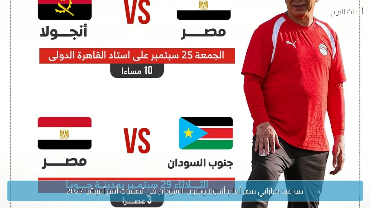 مواعيد مباراتي مصر أمام أنجولا وجنوب السودان في تصفيات أمم أفريقيا 2027