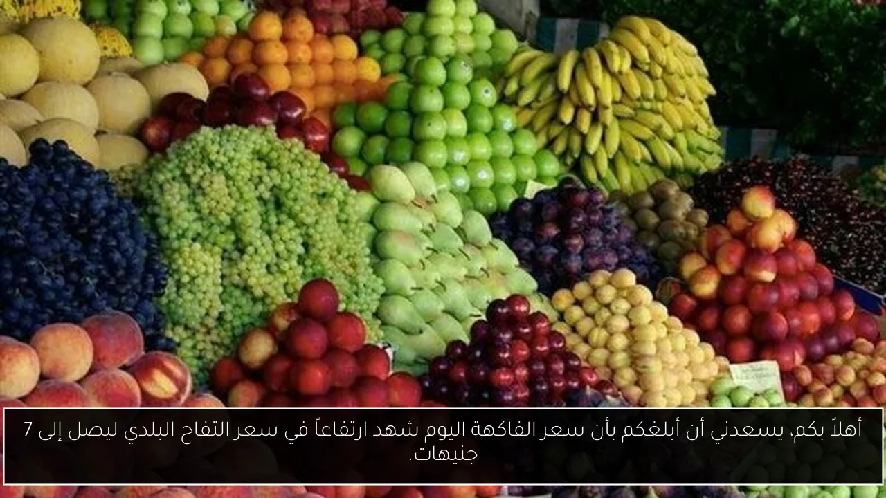 أهلاً بكم، يسعدني أن أبلغكم بأن سعر الفاكهة اليوم شهد ارتفاعاً في سعر التفاح البلدي ليصل إلى 7 جنيهات.