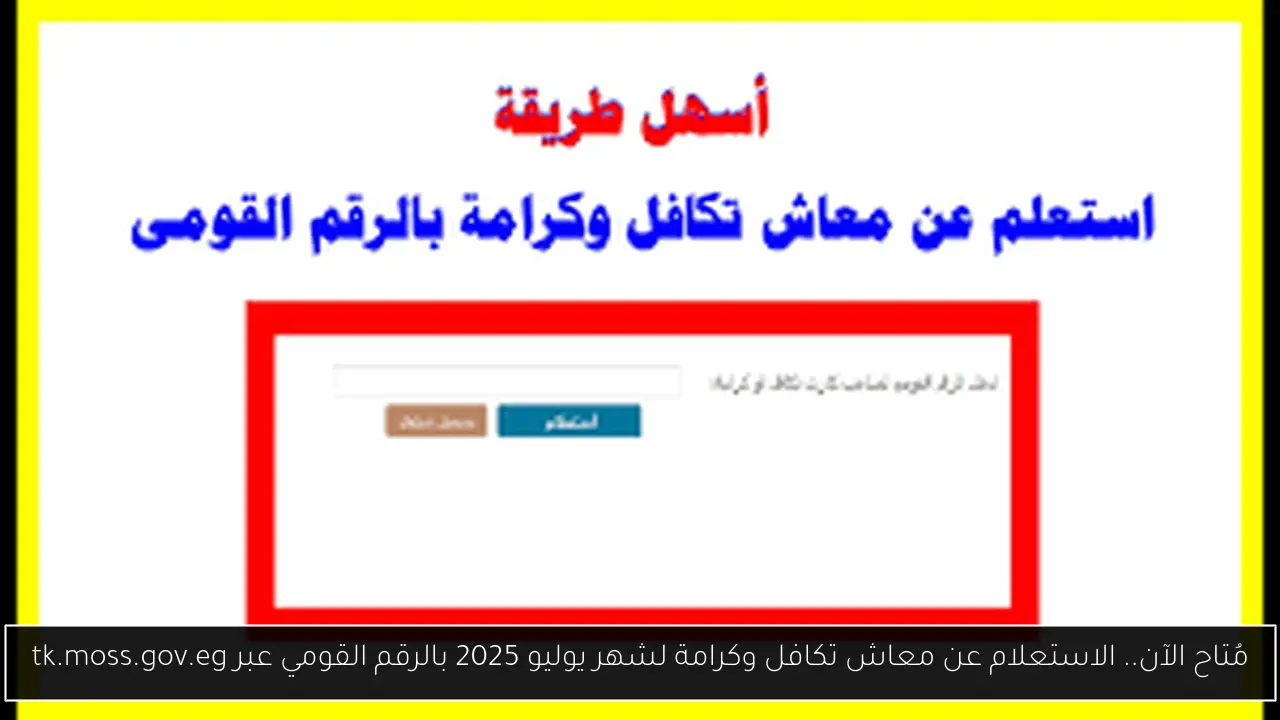 مُتاح الآن.. الاستعلام عن معاش تكافل وكرامة لشهر يوليو 2025 بالرقم القومي عبر tk.moss.gov.eg