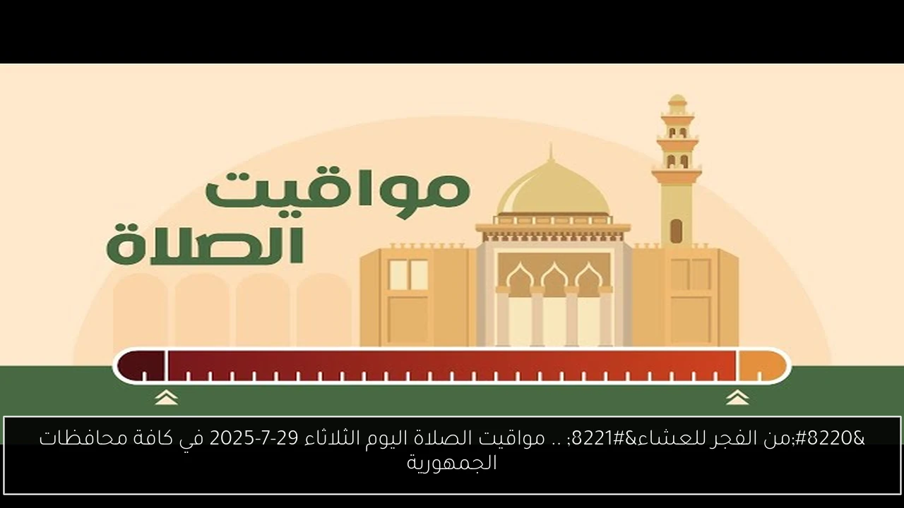 “من الفجر للعشاء” .. مواقيت الصلاة اليوم الثلاثاء 29-7-2025 في كافة محافظات الجمهورية