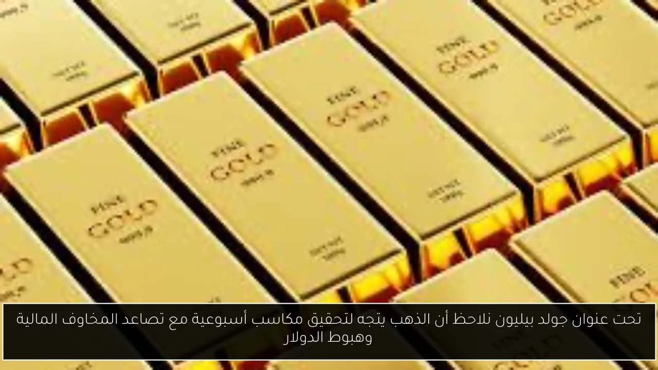 تحت عنوان جولد بيليون نلاحظ أن الذهب يتجه لتحقيق مكاسب أسبوعية مع تصاعد المخاوف المالية وهبوط الدولار