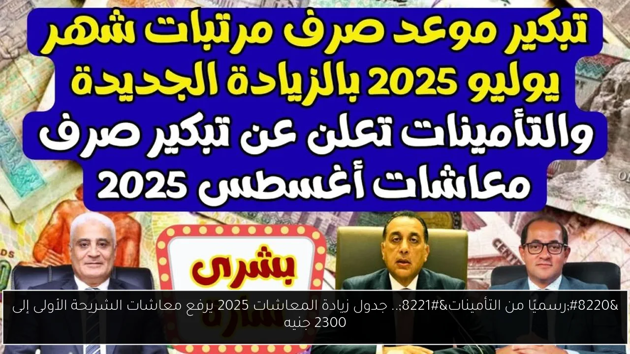 “رسميًا من التأمينات”.. جدول زيادة المعاشات 2025 يرفع معاشات الشريحة الأولى إلى 2300 جنيه