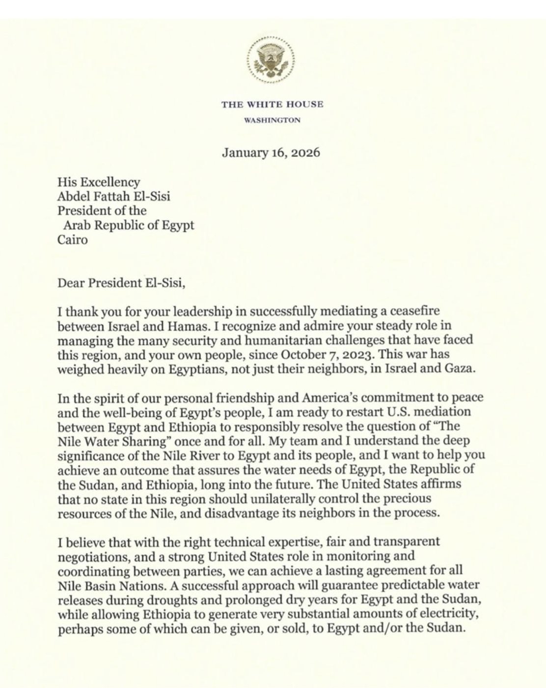 رسالة ترامب إلى السيسي، أحداث اليوم