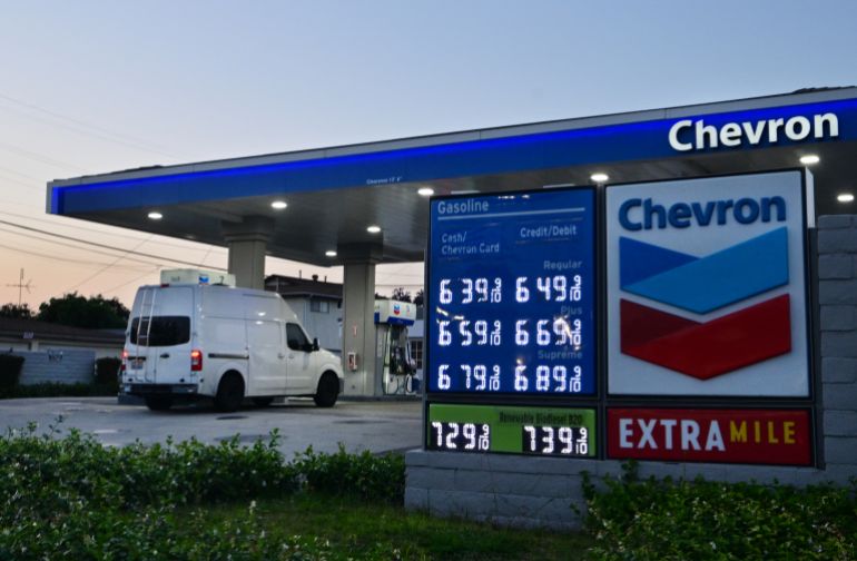 Gas prices above $6 per gallon are displayed at s Chevron station in Monterey Park, California, on April 30, 2026.