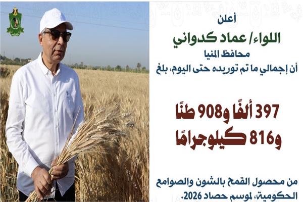 محافظة المنيا: توريد أكثر من 397 ألف طن من القمح منذ بدء موسم 2026
