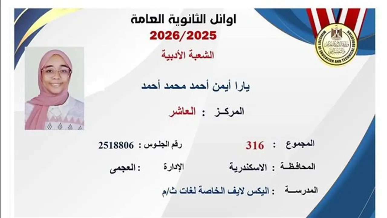يارا أيمن: العاشرة على الجمهورية في الشعبة الأدبية بالإسكندرية وتطمح لدراسة اللغات