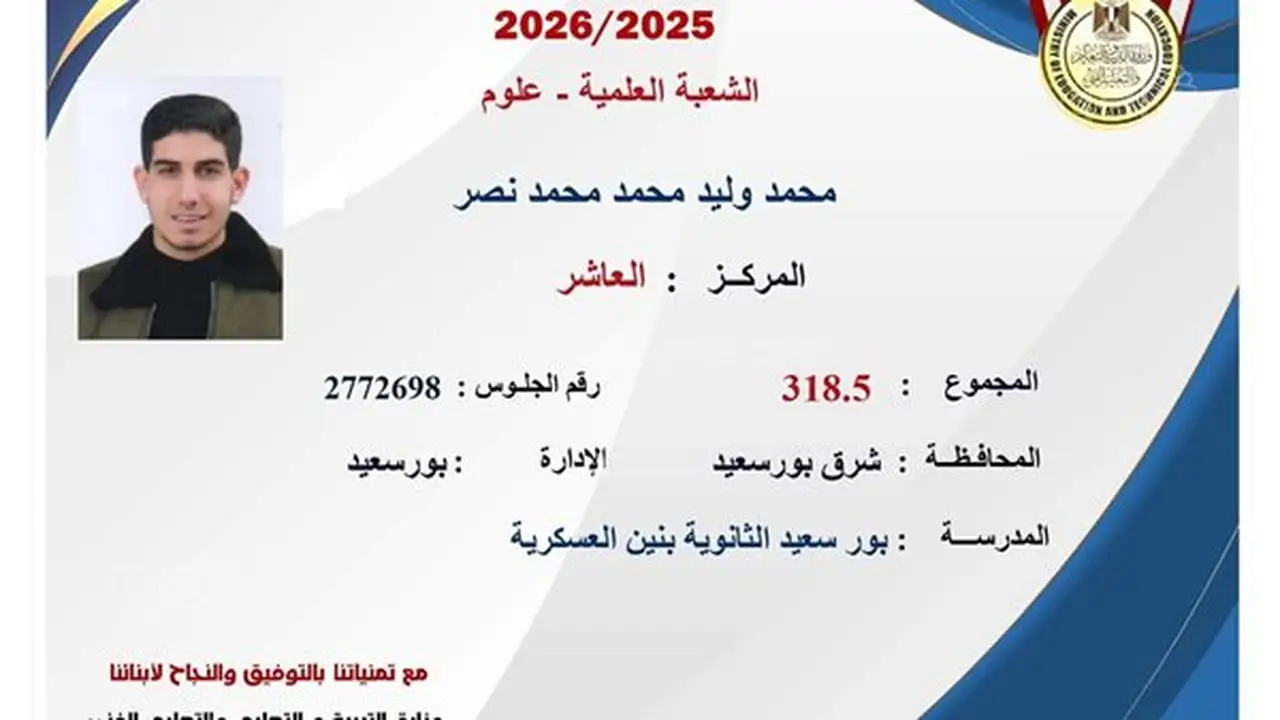 محمد وليد يتصدر قائمة العشرة الأوائل في الثانوية العامة: سر تفوقي هو رضا الوالدين وحل الأسئلة