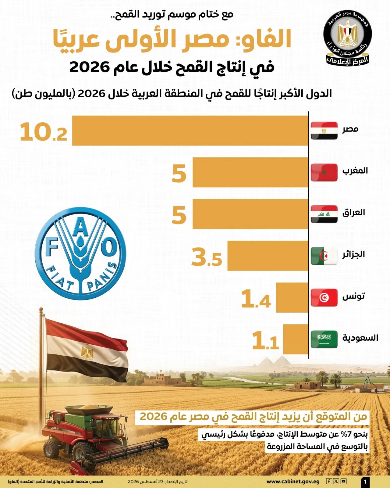 مجلس الوزراء: مصر الأولى عربيًا في إنتاج القمح خلال عام